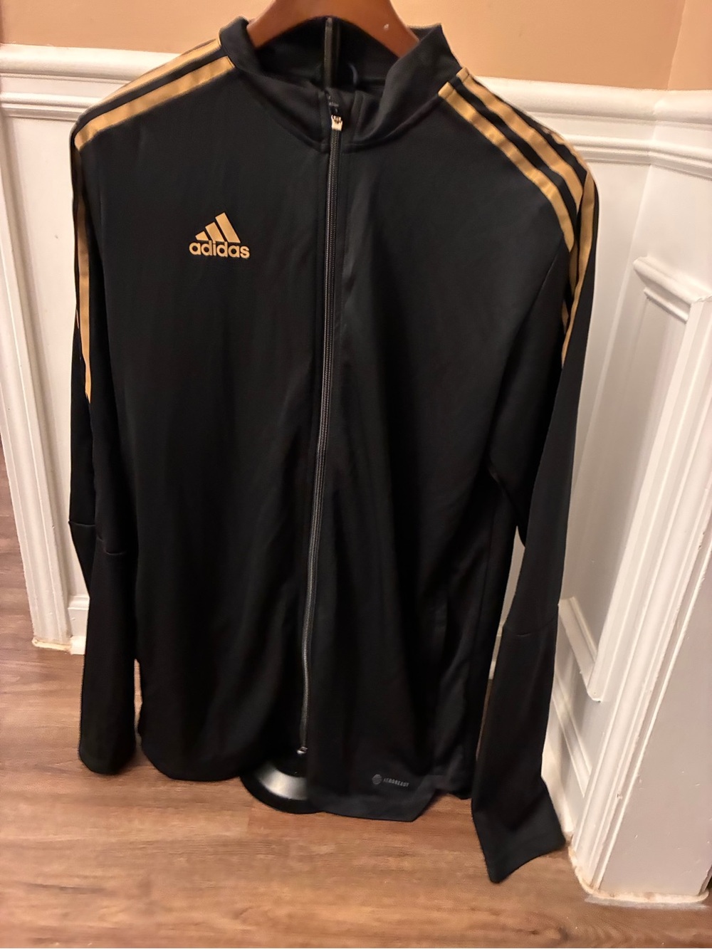 Adidas AEROREADY Tiro Track Jacket in black with gold detailing LT